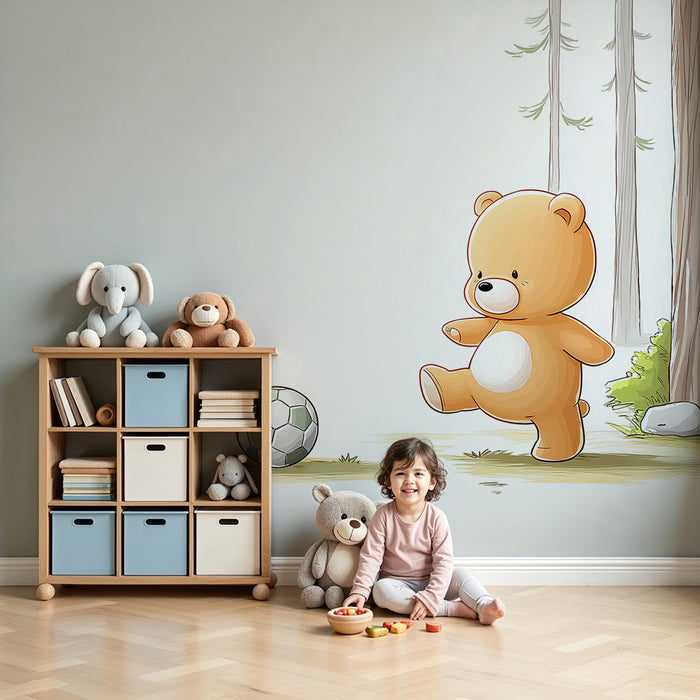 Babykamer behang | Voetballende beer in het bos