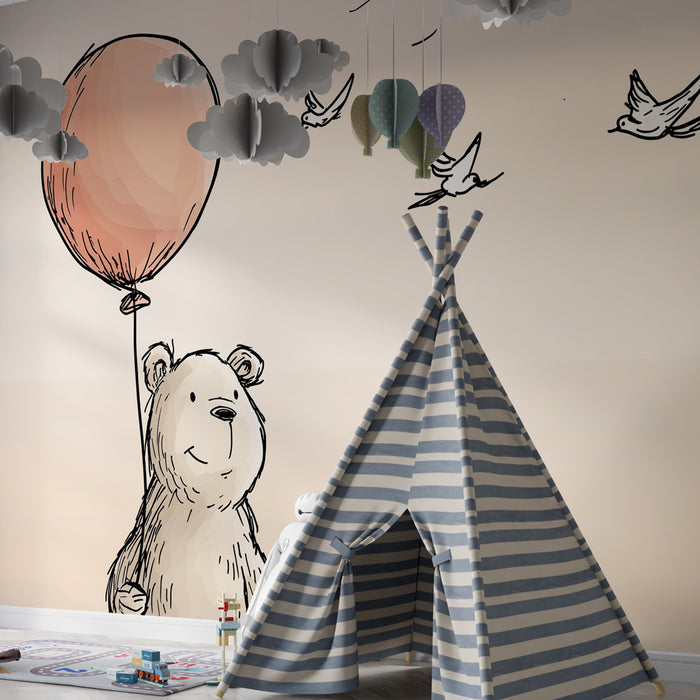 Papier peint chambre bébé | Ourson joyeux avec un ballon