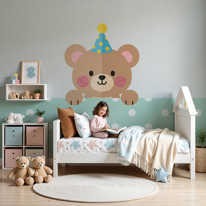 Babykamer behang | Vrolijke beer met feesthoed op stippenachtergrond