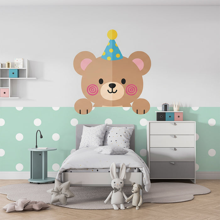 Babykamer behang | Vrolijke beer met feesthoed op stippenachtergrond