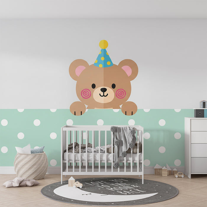 Babykamer behang | Vrolijke beer met feesthoed op stippenachtergrond