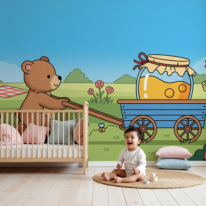 Papel de parede para quarto de bebé | Ursinho alegre com carrinho de mel num jardim florido