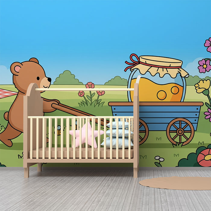 Papel de parede para quarto de bebé | Ursinho alegre com carrinho de mel num jardim florido