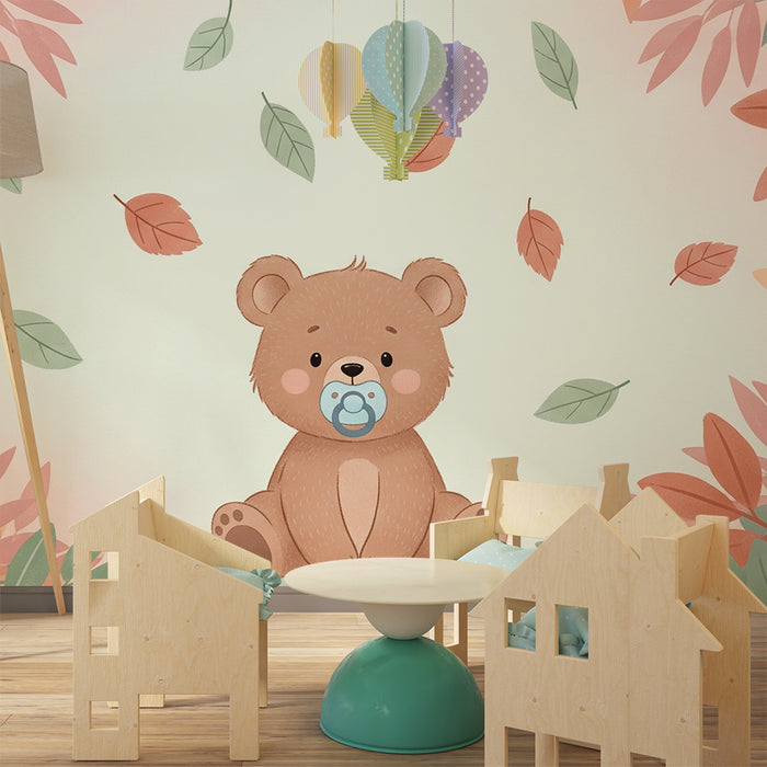 Babykamer behang | Schattige beer te midden van bladeren
