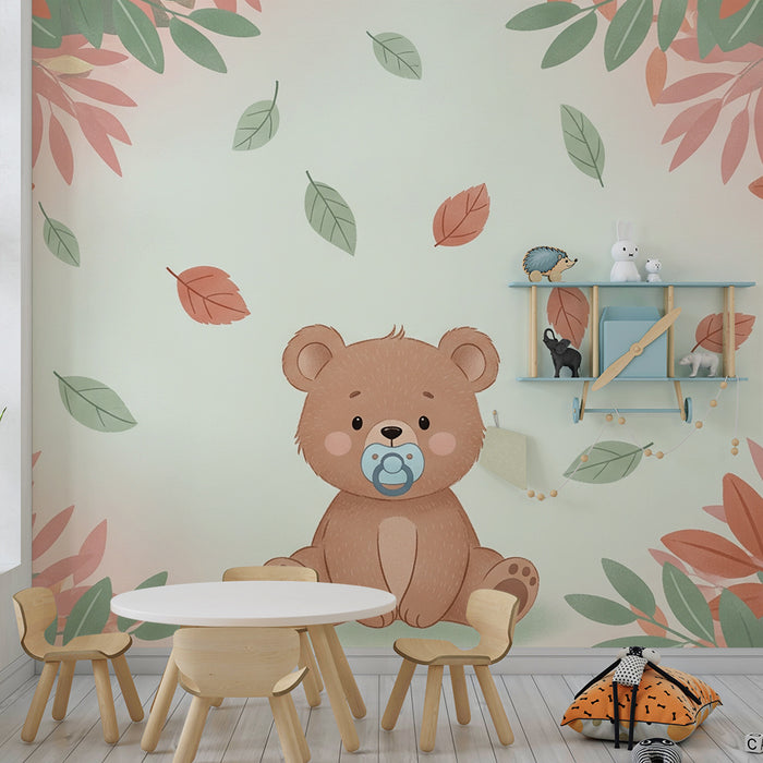Babykamer behang | Schattige beer te midden van bladeren