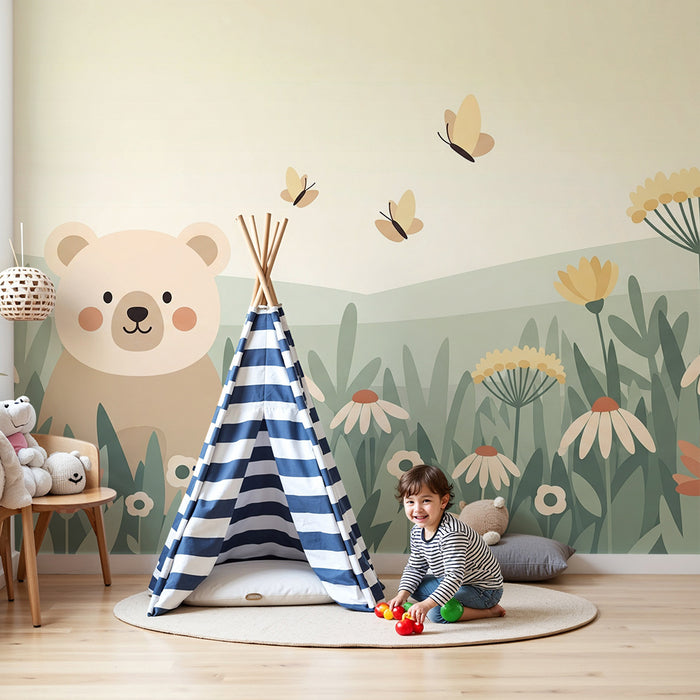 Lastenhuoneen tapetti | Söpö karhu keskellä värikkäitä kukkia