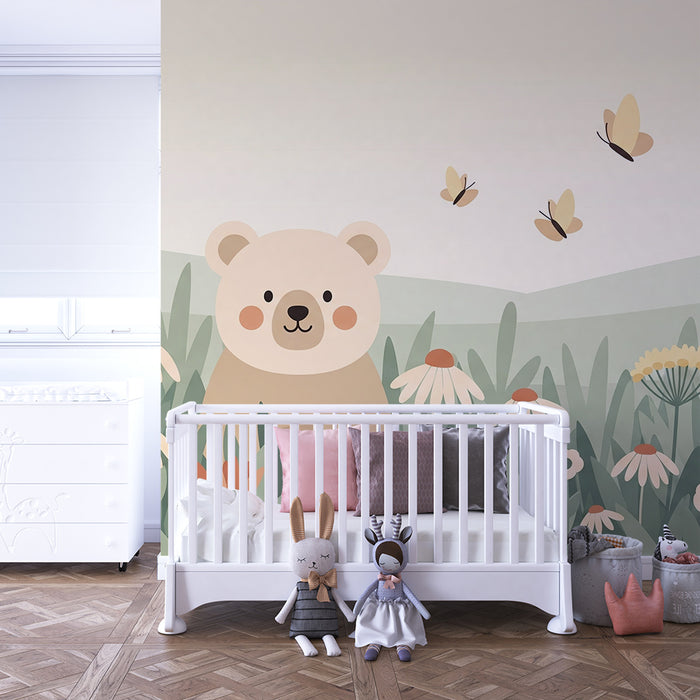 Lastenhuoneen tapetti | Söpö karhu keskellä värikkäitä kukkia