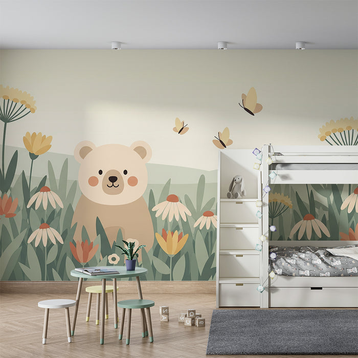 Lastenhuoneen tapetti | Söpö karhu keskellä värikkäitä kukkia