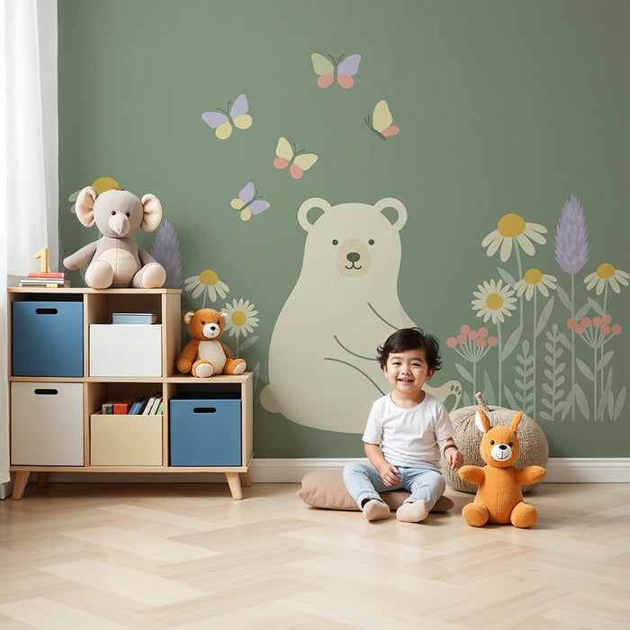 Lastenhuoneen tapetti | Söpö karhu kukkien ja perhosten keskellä