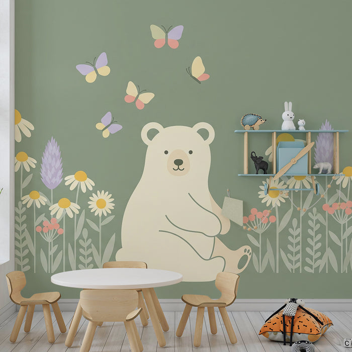 Lastenhuoneen tapetti | Söpö karhu kukkien ja perhosten keskellä