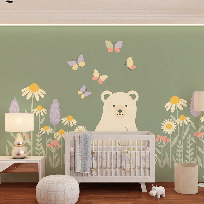 Lastenhuoneen tapetti | Söpö karhu kukkien ja perhosten keskellä