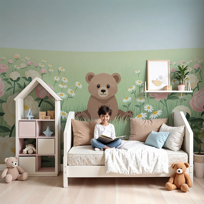 Lastenhuoneen tapetti | Söpö karhu keskellä pastellivärisiä kukkia