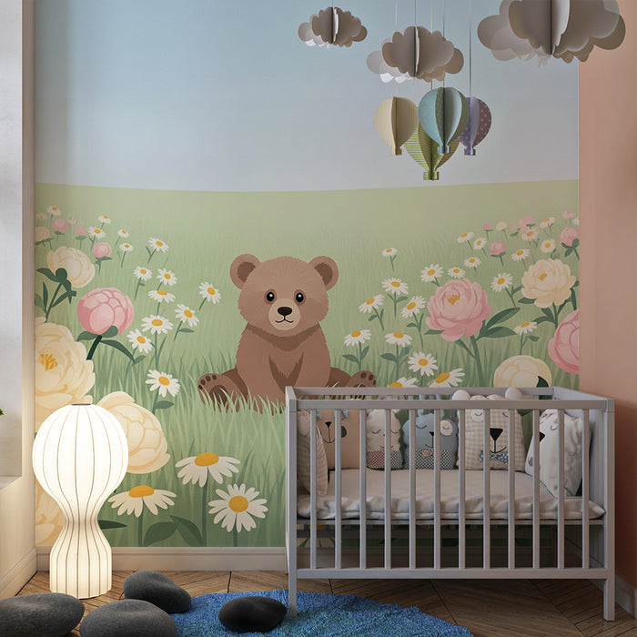 Lastenhuoneen tapetti | Söpö karhu keskellä pastellivärisiä kukkia