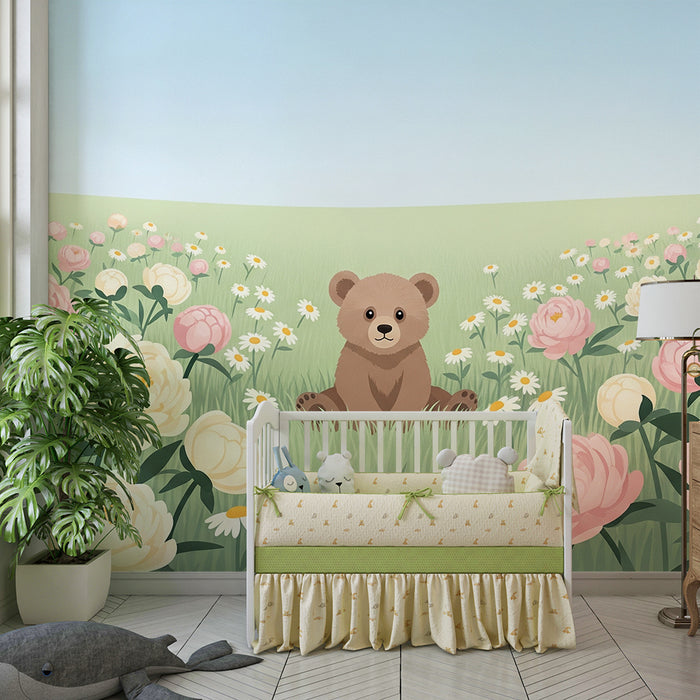Lastenhuoneen tapetti | Söpö karhu keskellä pastellivärisiä kukkia