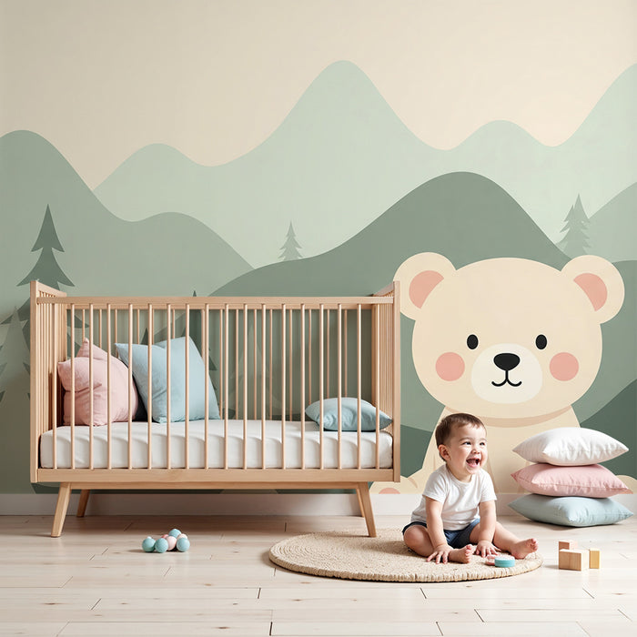 Lastenhuoneen tapetti | Söpö karhu keskellä vuoria ja kuusia