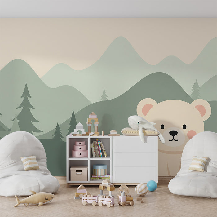 Lastenhuoneen tapetti | Söpö karhu keskellä vuoria ja kuusia