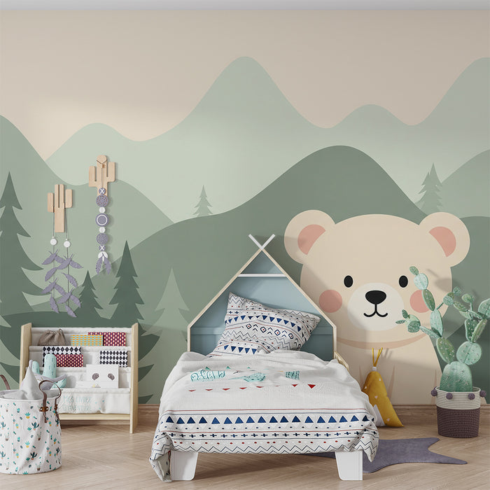 Lastenhuoneen tapetti | Söpö karhu keskellä vuoria ja kuusia