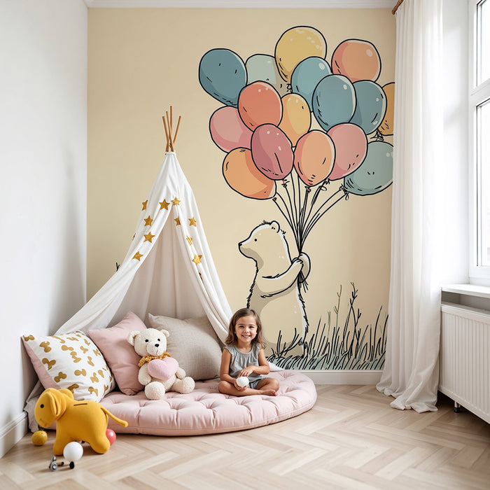 Papier de parede quarto bebê | Roztomilý medvídek s pestrobarevnými balónky na louce plné květin