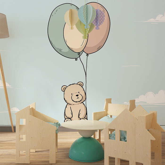 Papel de perete cameră bebeluși | Ursuleț drăguț cu baloane pastel într-un cer albastru
