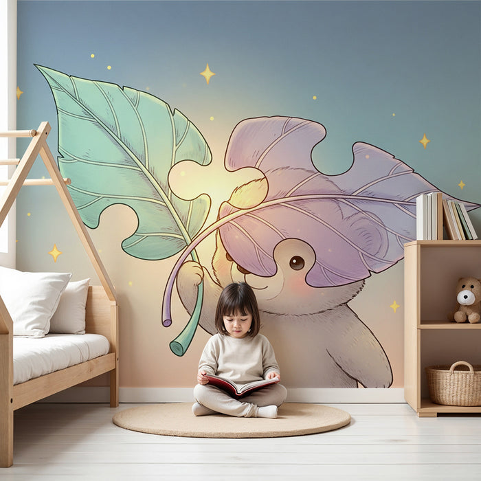 Lastenhuoneen tapetti | Söpö karhu värikkäiden lehtien alla tähtitaivaan alla