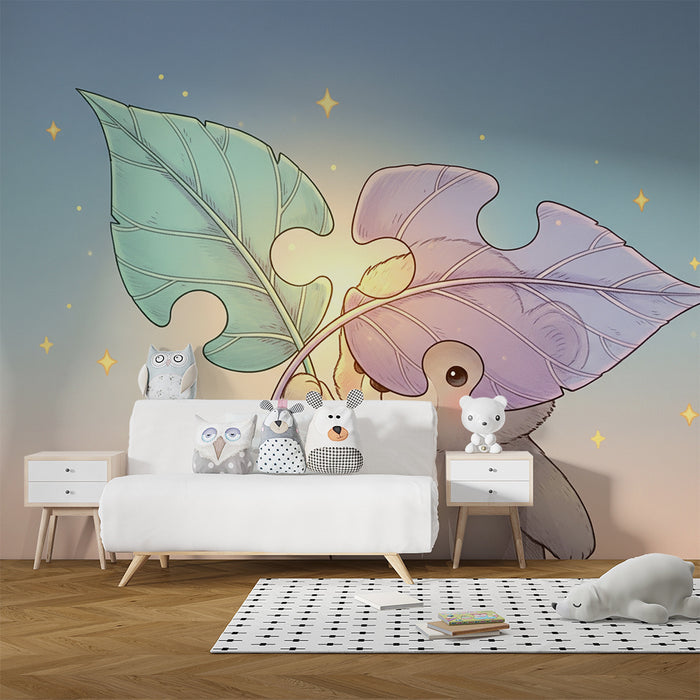 Lastenhuoneen tapetti | Söpö karhu värikkäiden lehtien alla tähtitaivaan alla