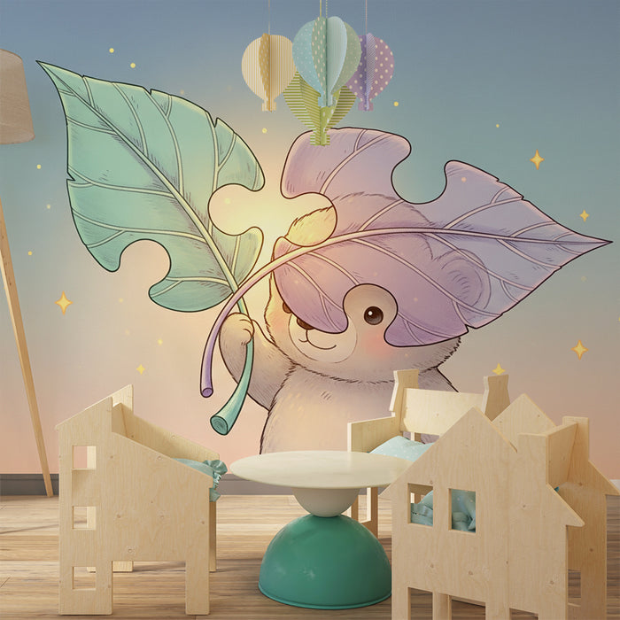 Lastenhuoneen tapetti | Söpö karhu värikkäiden lehtien alla tähtitaivaan alla