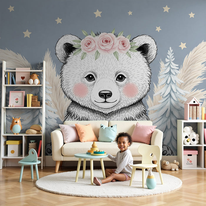 Papier peint chambre bébé | Ourson mignon avec fleurs et étoiles