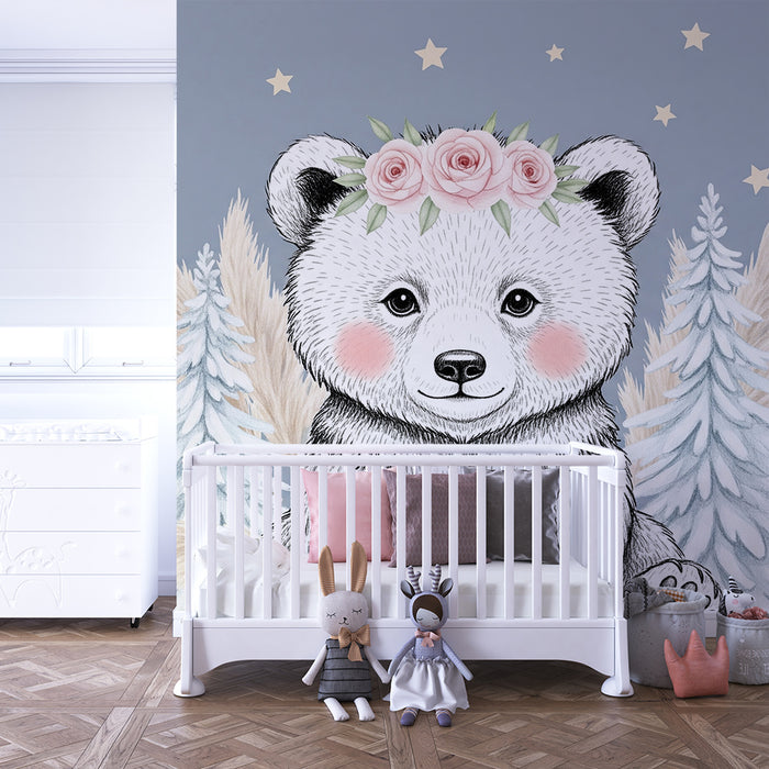 Papier peint chambre bébé | Ourson mignon avec fleurs et étoiles