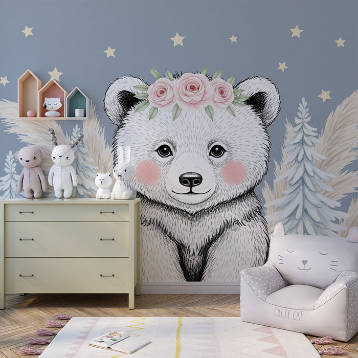 Papier peint chambre bébé | Ourson mignon avec fleurs et étoiles