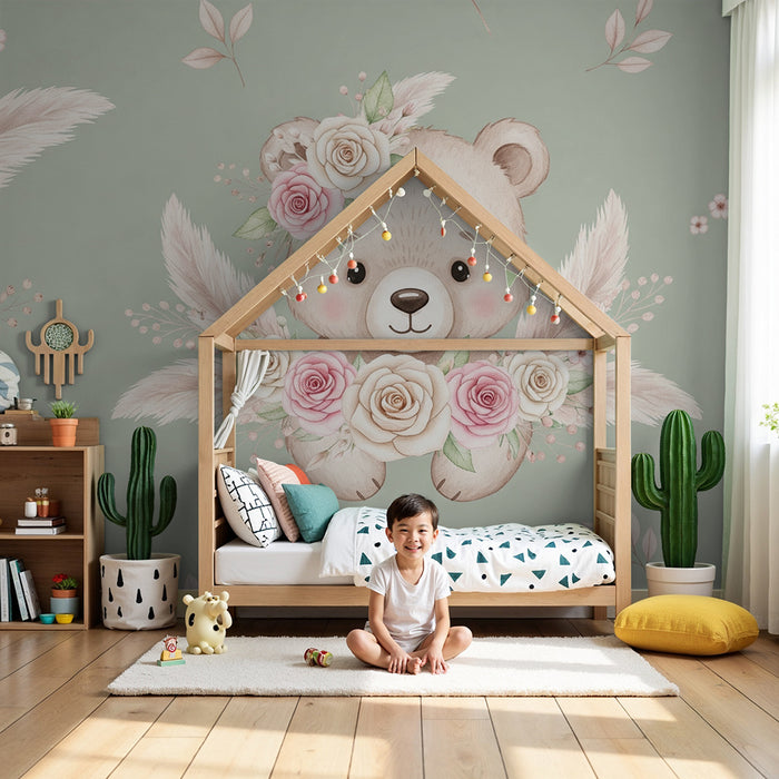 Lastenhuoneen tapetti | Söpö karhu kukilla ja herkällä lehtikuvioinnilla