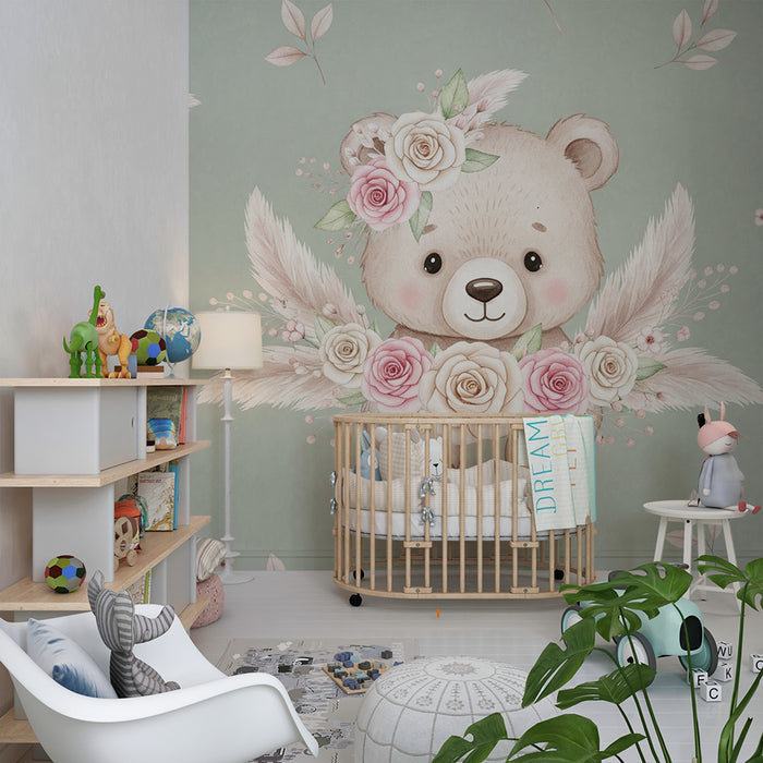 Lastenhuoneen tapetti | Söpö karhu kukilla ja herkällä lehtikuvioinnilla