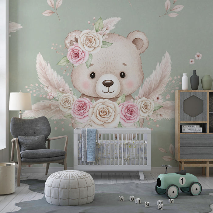 Lastenhuoneen tapetti | Söpö karhu kukilla ja herkällä lehtikuvioinnilla