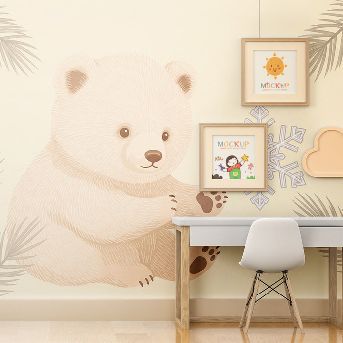 Lastenhuoneen tapetti | Söpö karhu lumikiteellä ja herkällä lehtikuvioinnilla