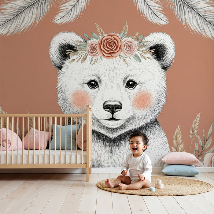 Papier peint chambre bébé | Ourson mignon avec sa couronne de fleurs