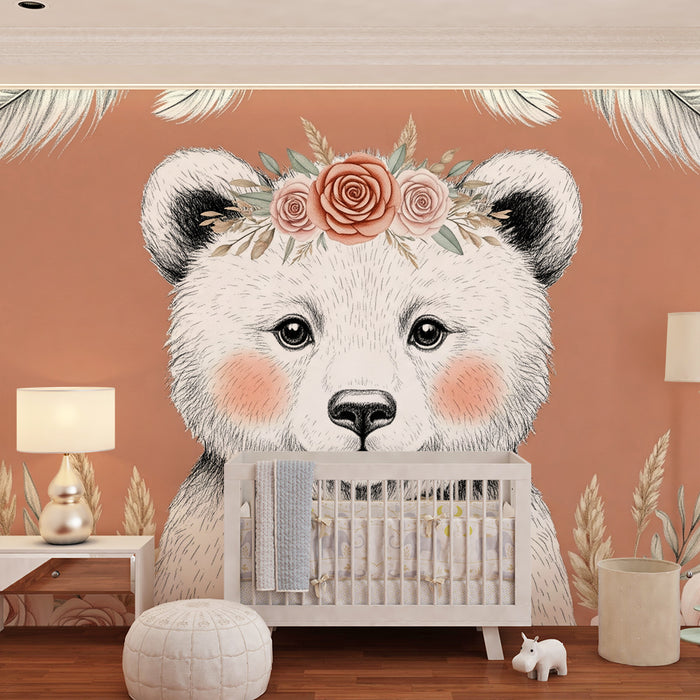Papier peint chambre bébé | Ourson mignon avec sa couronne de fleurs