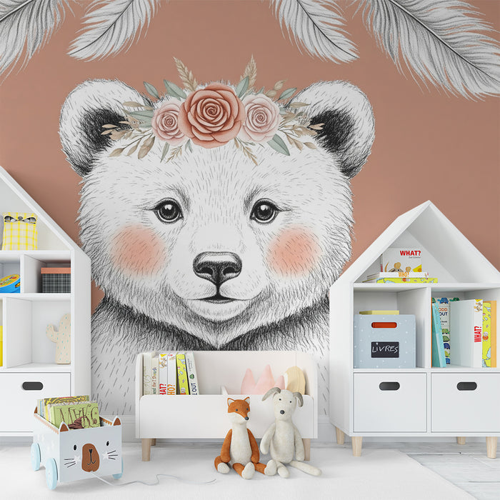 Papier peint chambre bébé | Ourson mignon avec sa couronne de fleurs