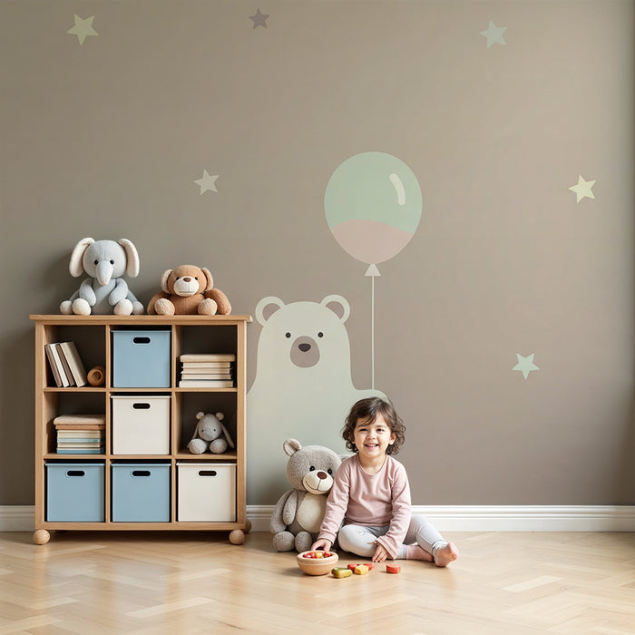 Lastenhuoneen tapetti | Söpö karhu ilmapallolla ja pastellitähdillä