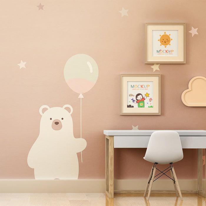 Lastenhuoneen tapetti | Söpö karhu ilmapallolla ja pastellitähdillä