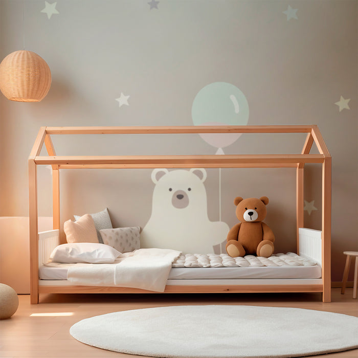 Lastenhuoneen tapetti | Söpö karhu ilmapallolla ja pastellitähdillä