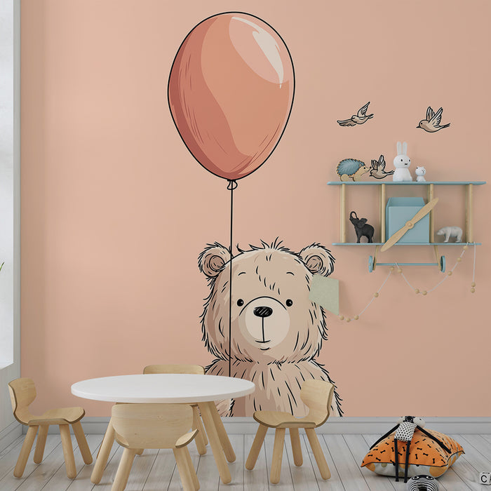 Papier peint chambre bébé | Ourson mignon avec un ballon et oiseaux en vol