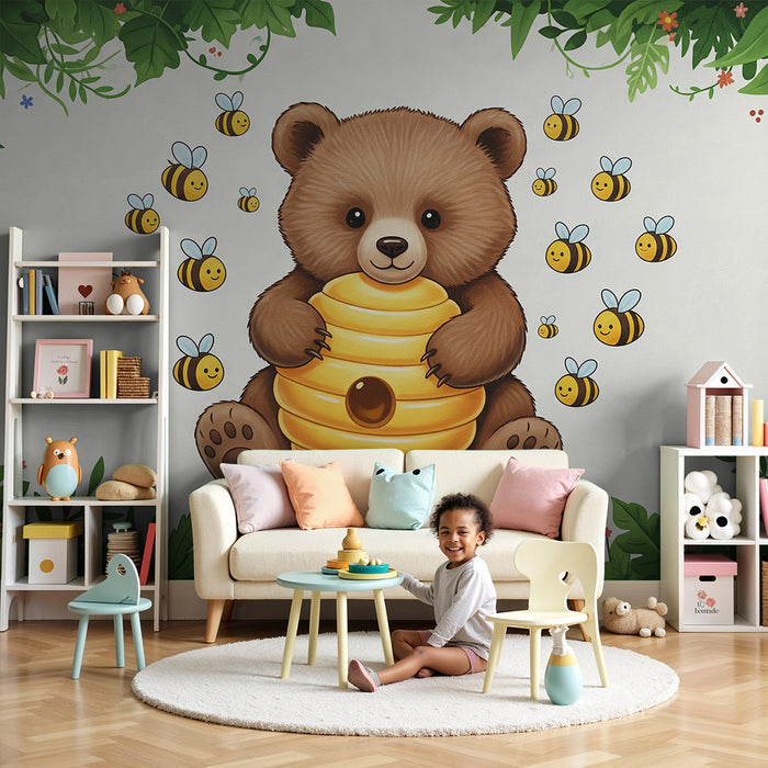Papel de parede para quarto de bebé | Ursinho fofo com colmeia e abelhas alegres