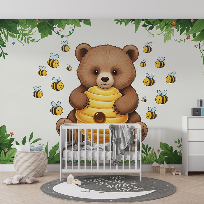 Papel de parede para quarto de bebé | Ursinho fofo com colmeia e abelhas alegres