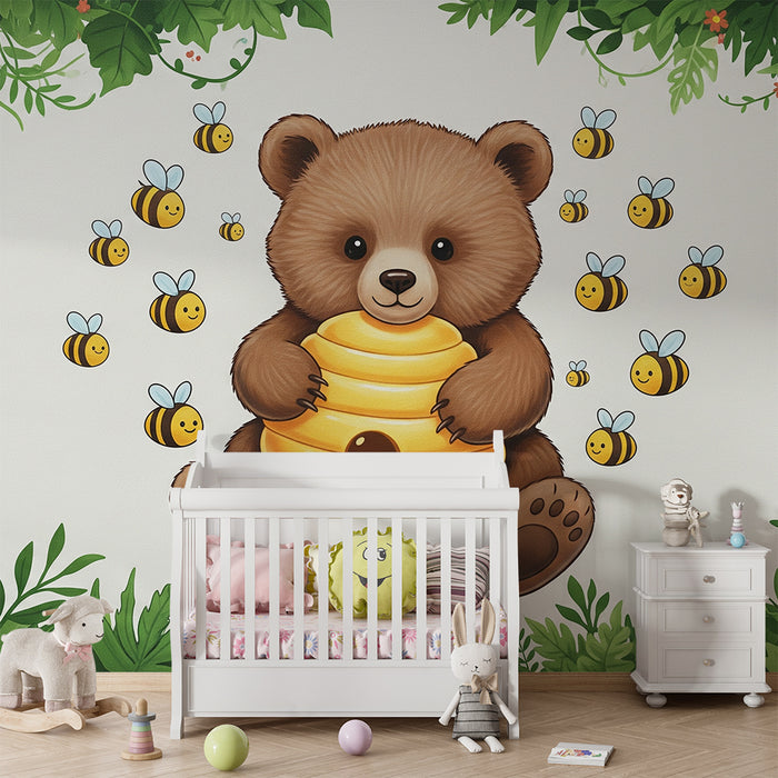 Papel de parede para quarto de bebé | Ursinho fofo com colmeia e abelhas alegres