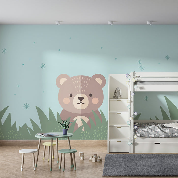 Lastenhuoneen tapetti | Söpö karhu piiloutunut ruohikkoon