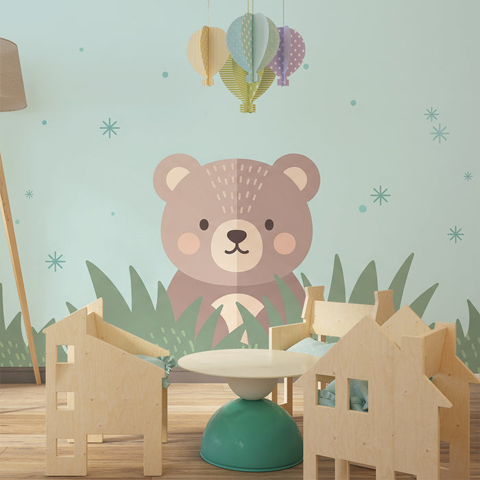 Lastenhuoneen tapetti | Söpö karhu piiloutunut ruohikkoon