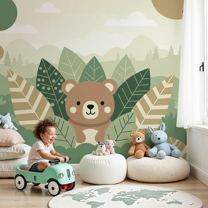 Babyzimmer Tapete | Niedlicher Bär versteckt im grünen Wald