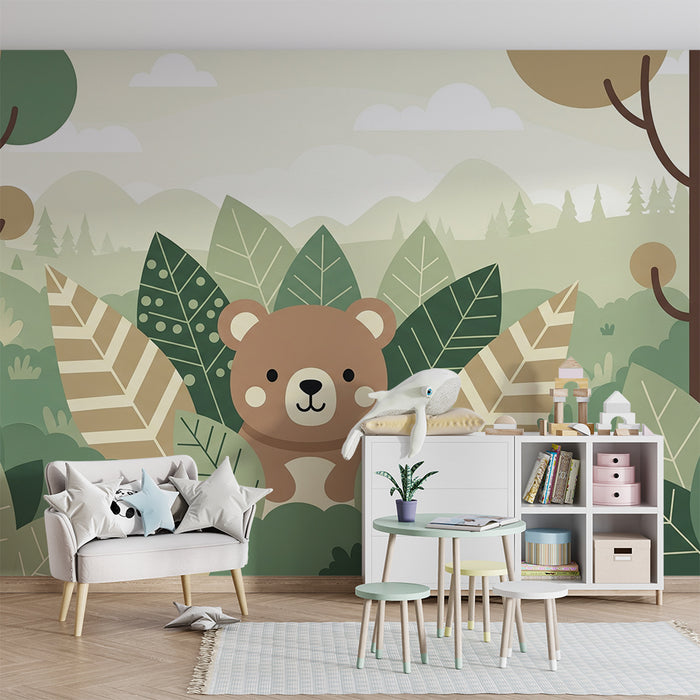 Babyzimmer Tapete | Niedlicher Bär versteckt im grünen Wald