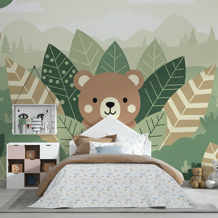 Babyzimmer Tapete | Niedlicher Bär versteckt im grünen Wald