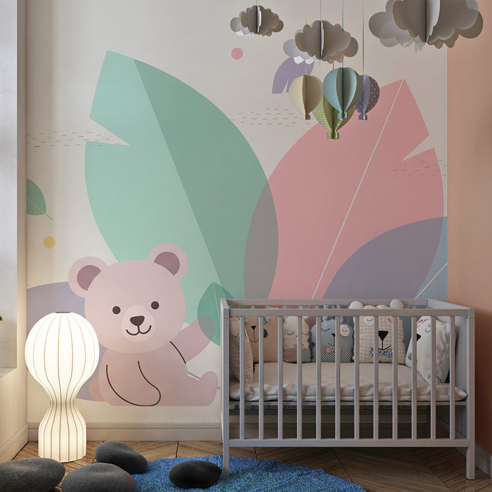 Lastenhuoneen tapetti | Söpö karhu lehtien keskellä