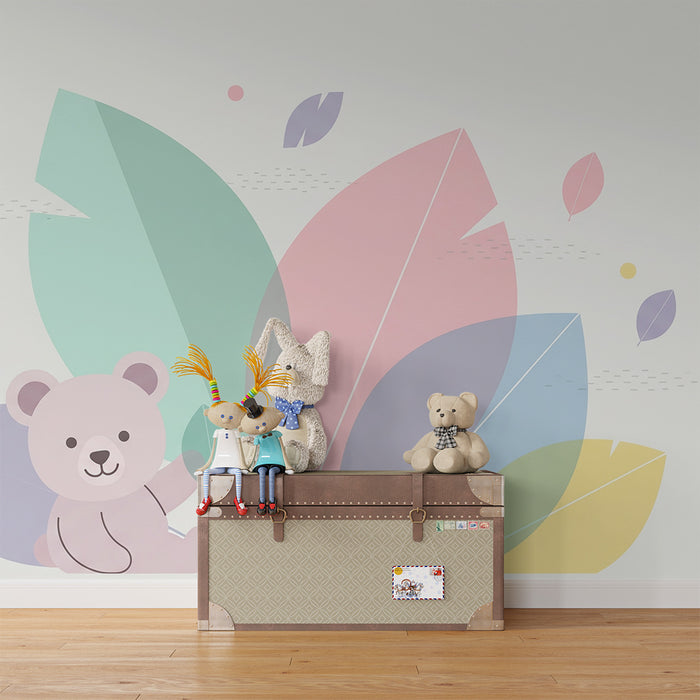 Lastenhuoneen tapetti | Söpö karhu lehtien keskellä